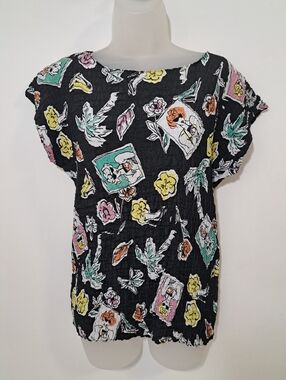 Tess Stretch Top | Black Floral Print Crinkle Blouse Y2K Lightweight Medium